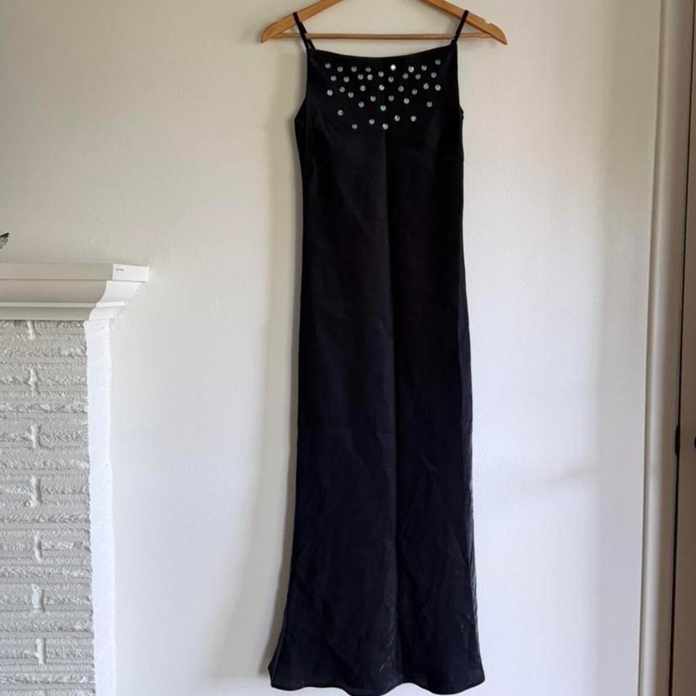 Black Satin Slip Dress Y2K Minimalist Sequin Strap Midi Japan Cut 90s Vintage